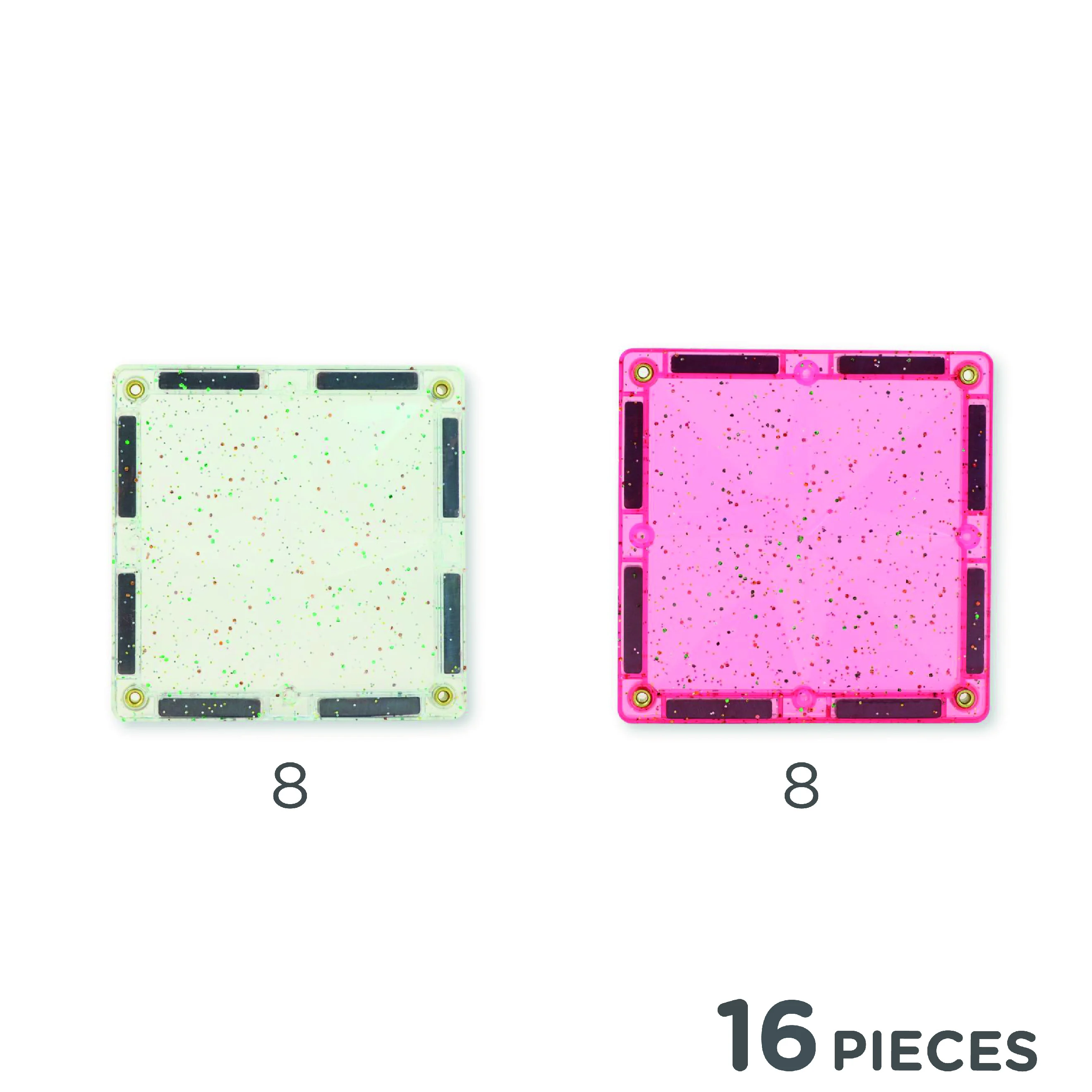 Cleverclixx Magnetická stavebnice Glitter Tiles Pack Transparent - růžové - 16 ks