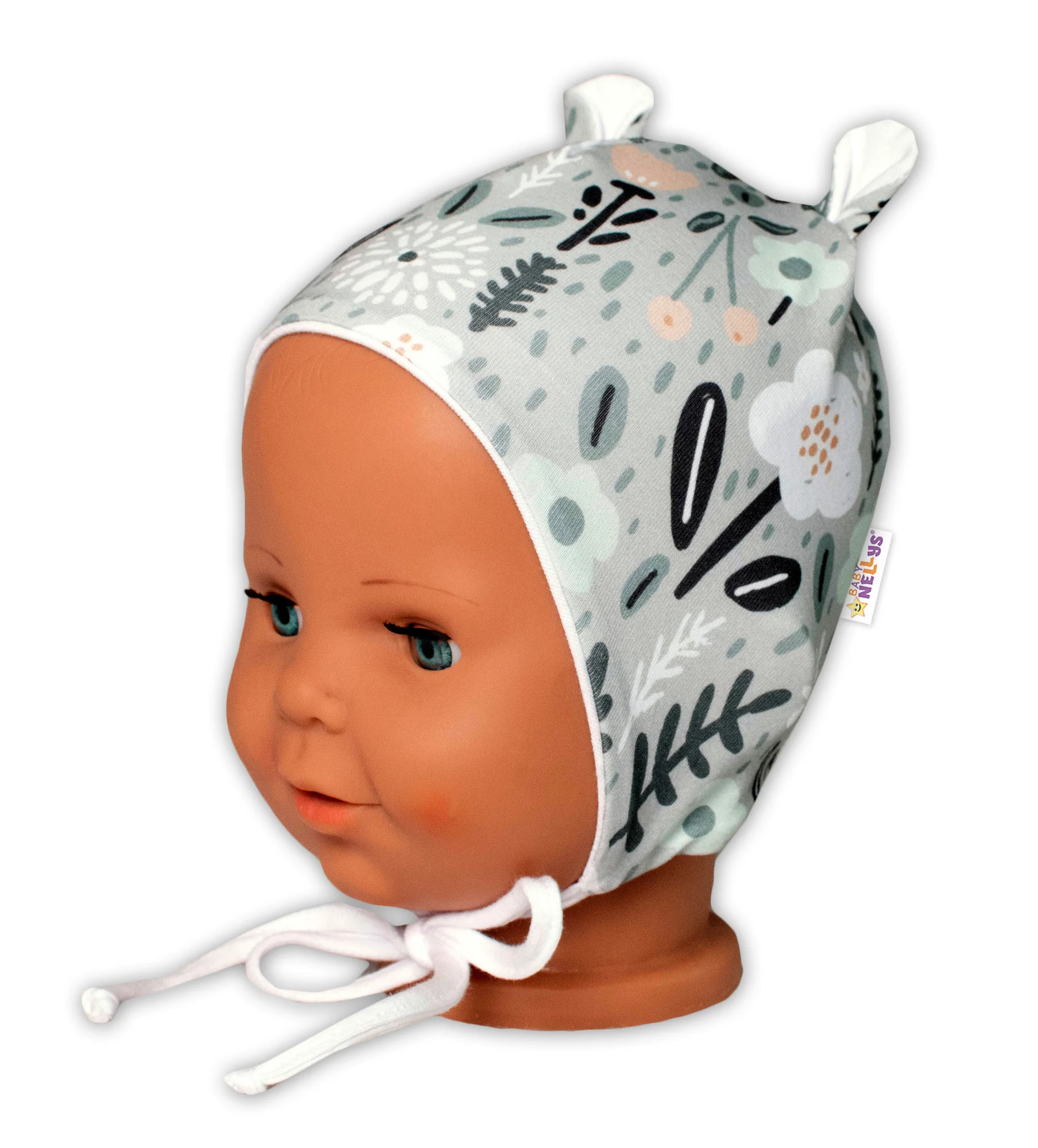 Baby Nellys Kojenecká čepička s oušky na zavazování - Palouček, mátová vel. 68/74