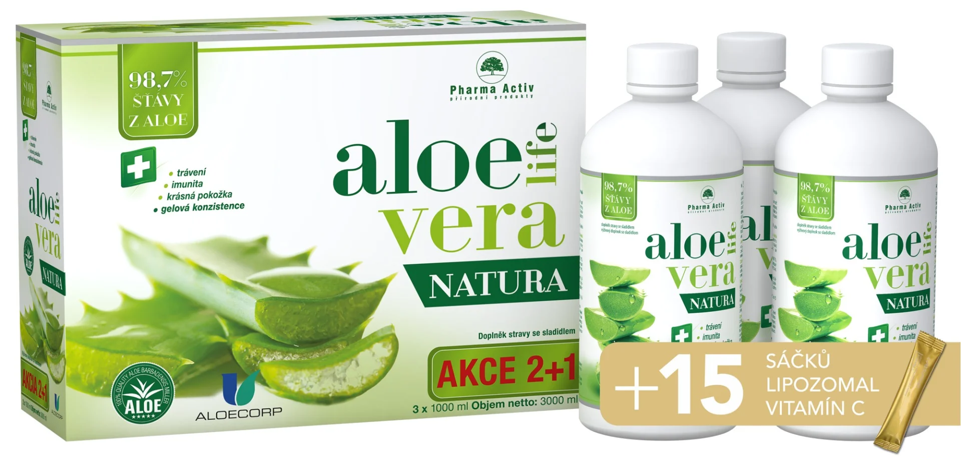 Pharma Activ AloeVeraLife NATURA 3x1000 ml + LIPOZOMAL vit. C 15 sáčků