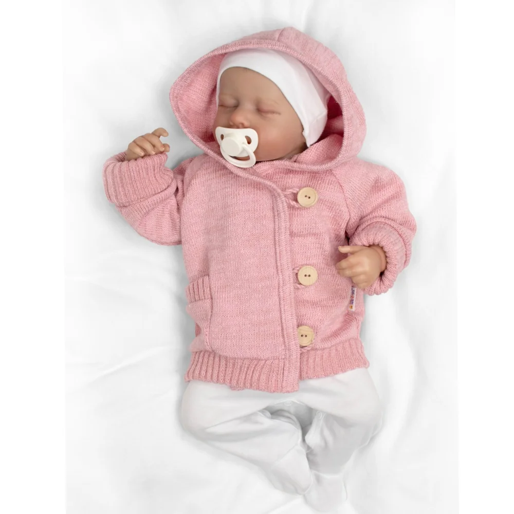 Baby Nellys Rostoucí pletený svetřík s kapucí, zapínání knoflíčky - pudrově růžový,vel.56/62