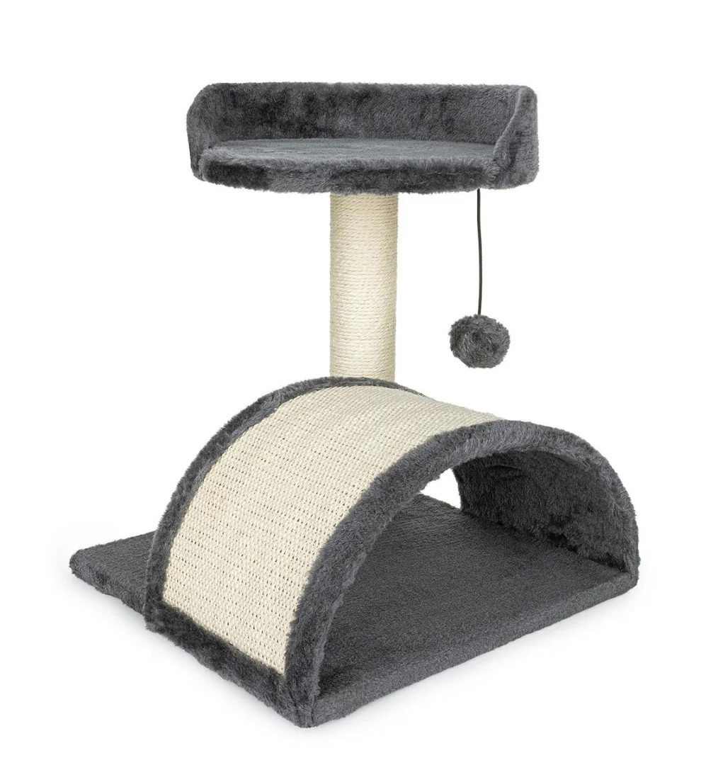 NELLYS Škrabadlo pro kočky s úkrytem a míčkem na šňůrce 42 cm – MDF, sisal, tmavě šedá