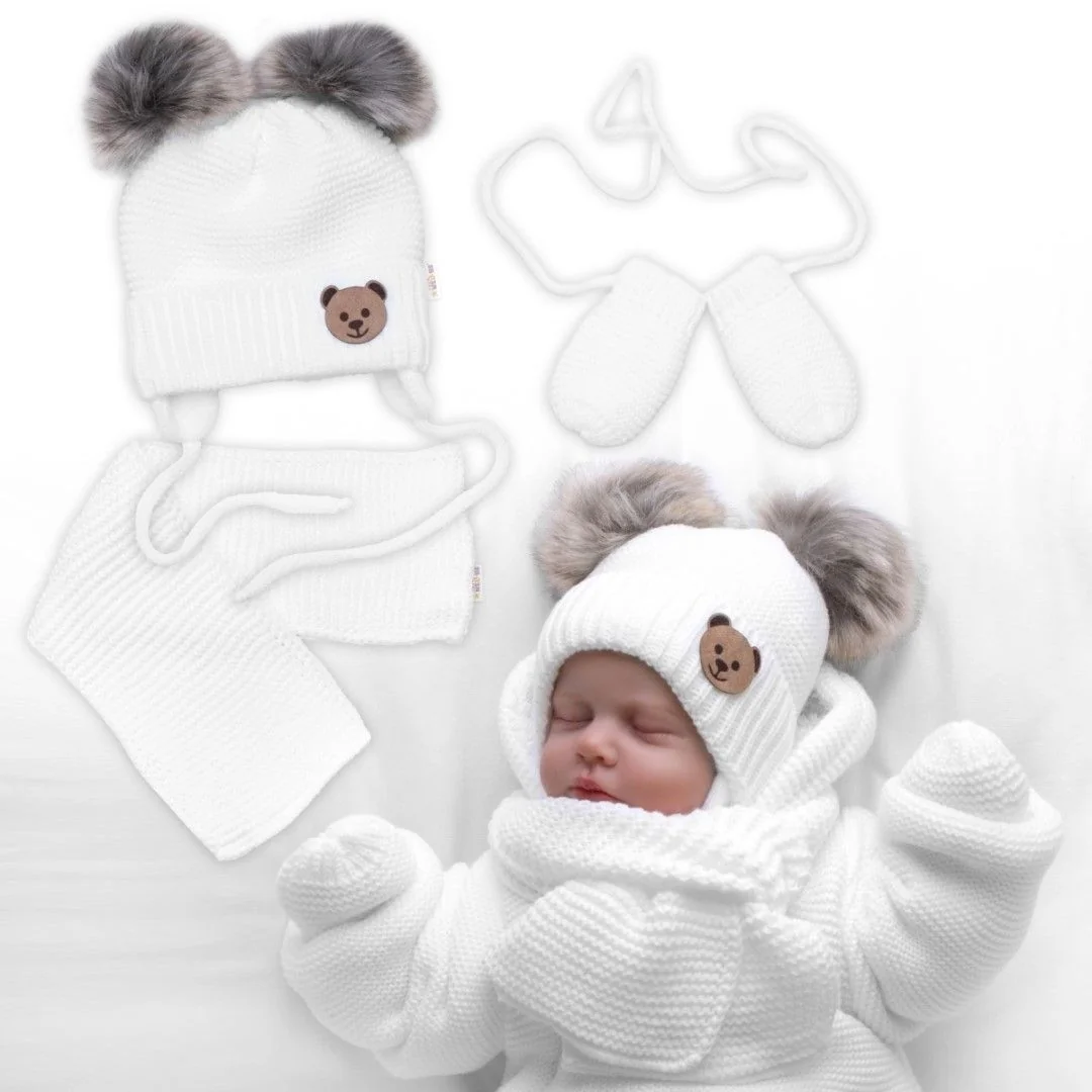 Baby Nellys Dětská sada, zimní čepice s šálou + rukavičky 3D, Teddy Bear - bílá
