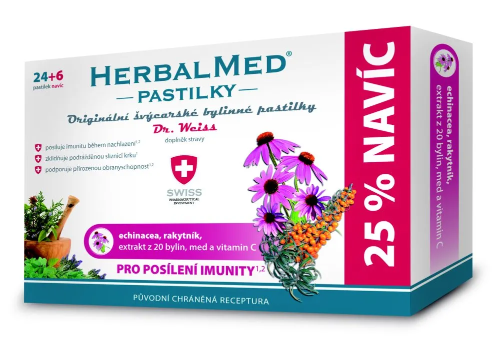 Dr. Weiss HerbalMed Echinacea + rakytník + vitamin C 24+6 pastilek