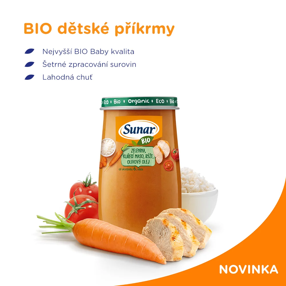 Sunar BIO Příkrm Zelenina, kuřecí maso a rýže 6m+ 190 g