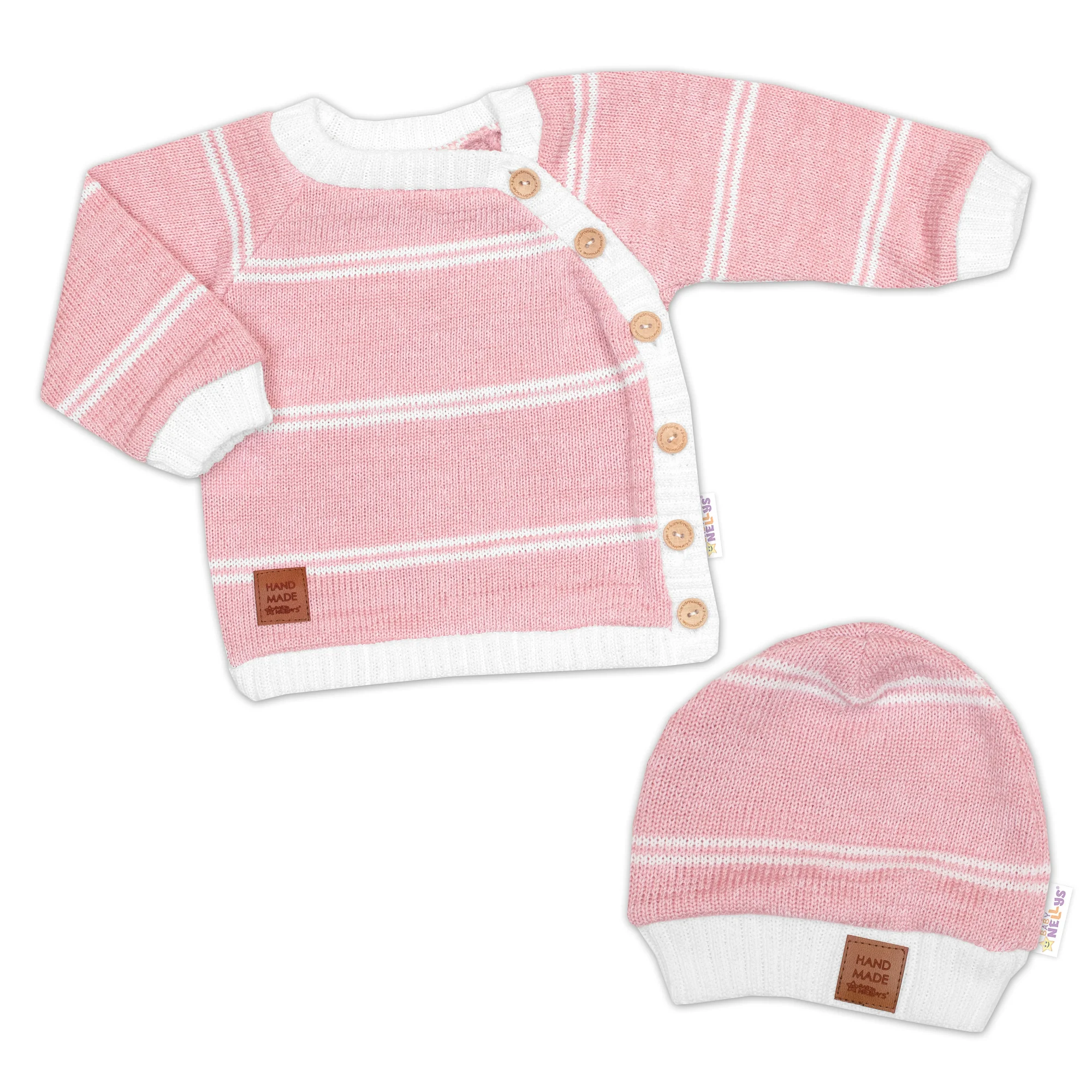 Baby Nellys Pletená sada pro miminko s jemným proužkem 2D, lux - růžová, bílá, vel. 80 vel. 80