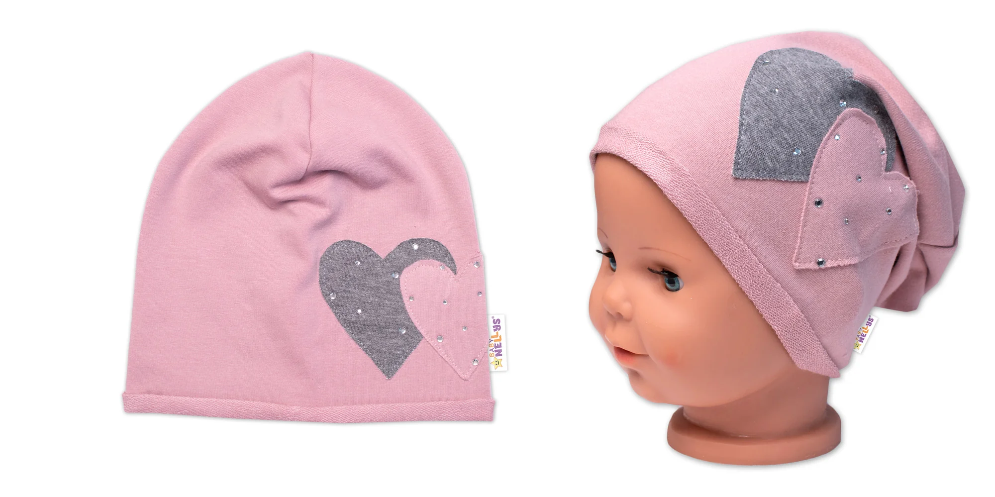 Baby Nellys Dětská čepice bavlna, Srdíčka s kamínky,  pudrová