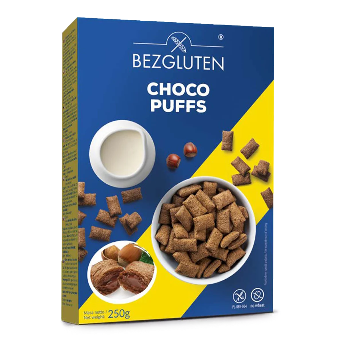 BEZGLUTEN Choco Puffs polštářky s lískooříškovou náplní 250 g