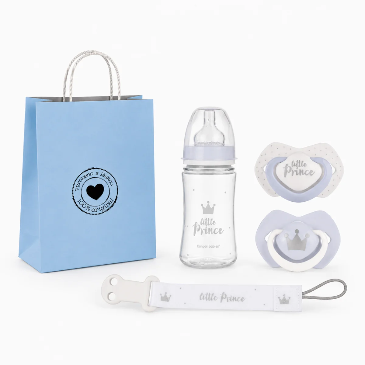 Canpol babies Dárková sada Little Prince 6–18m, lahvička, dudlíky, řetízek + taška zdarma