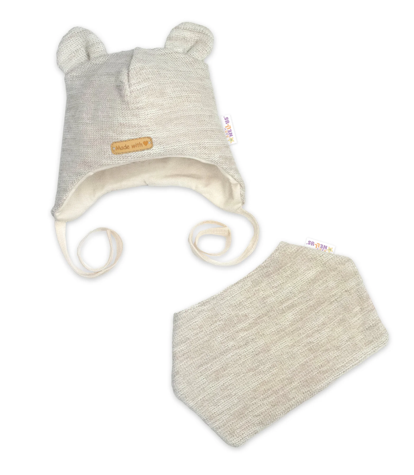 Baby Nellys Pletená čepice s šátkem 2v1, Teddy Hand made - světle béžová