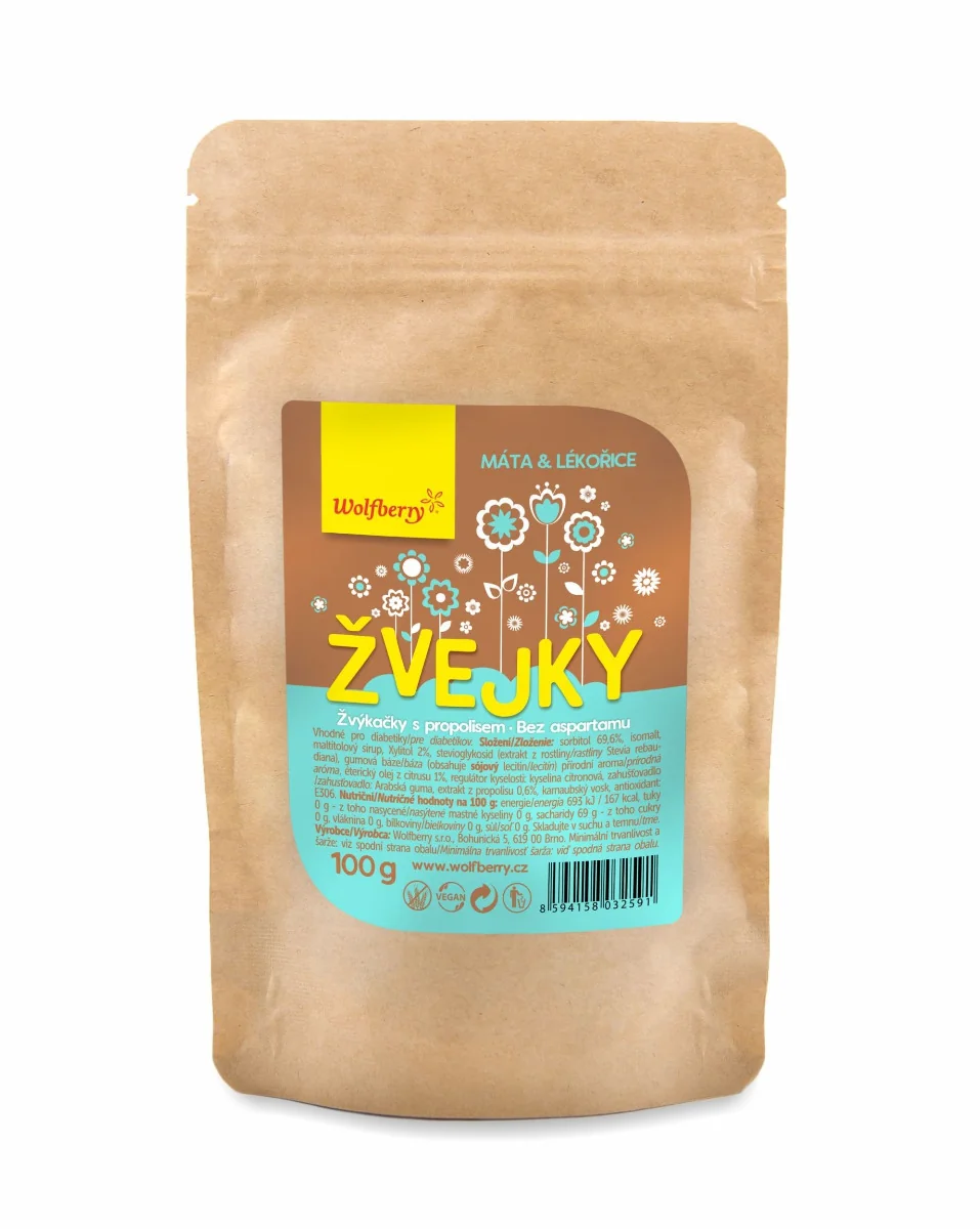 Wolfberry Žvejky s propolisem Máta a lékořice 100 g
