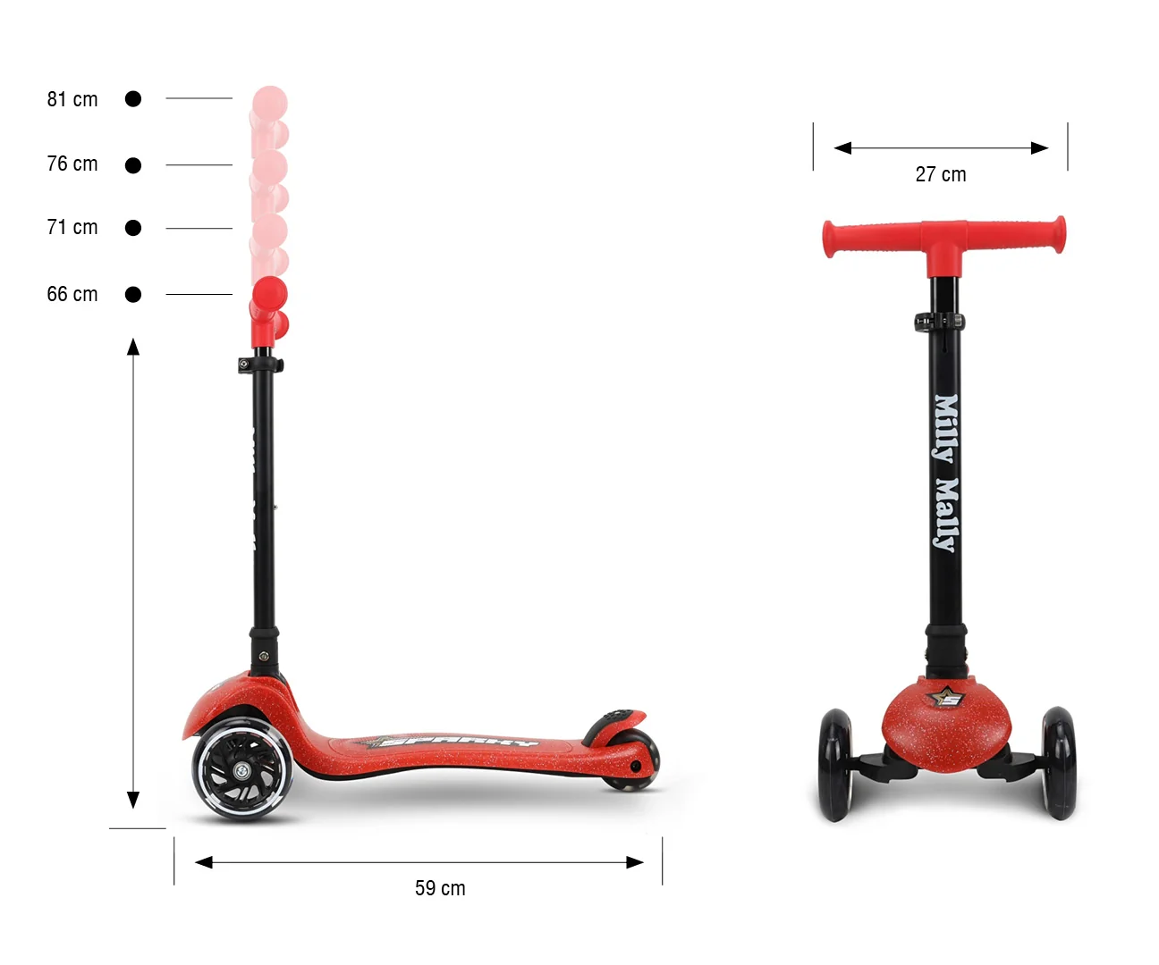 Milly Mally Dětská koloběžka SPARKY LED tříkolová – svítící kolečka, nastavitelná, červená