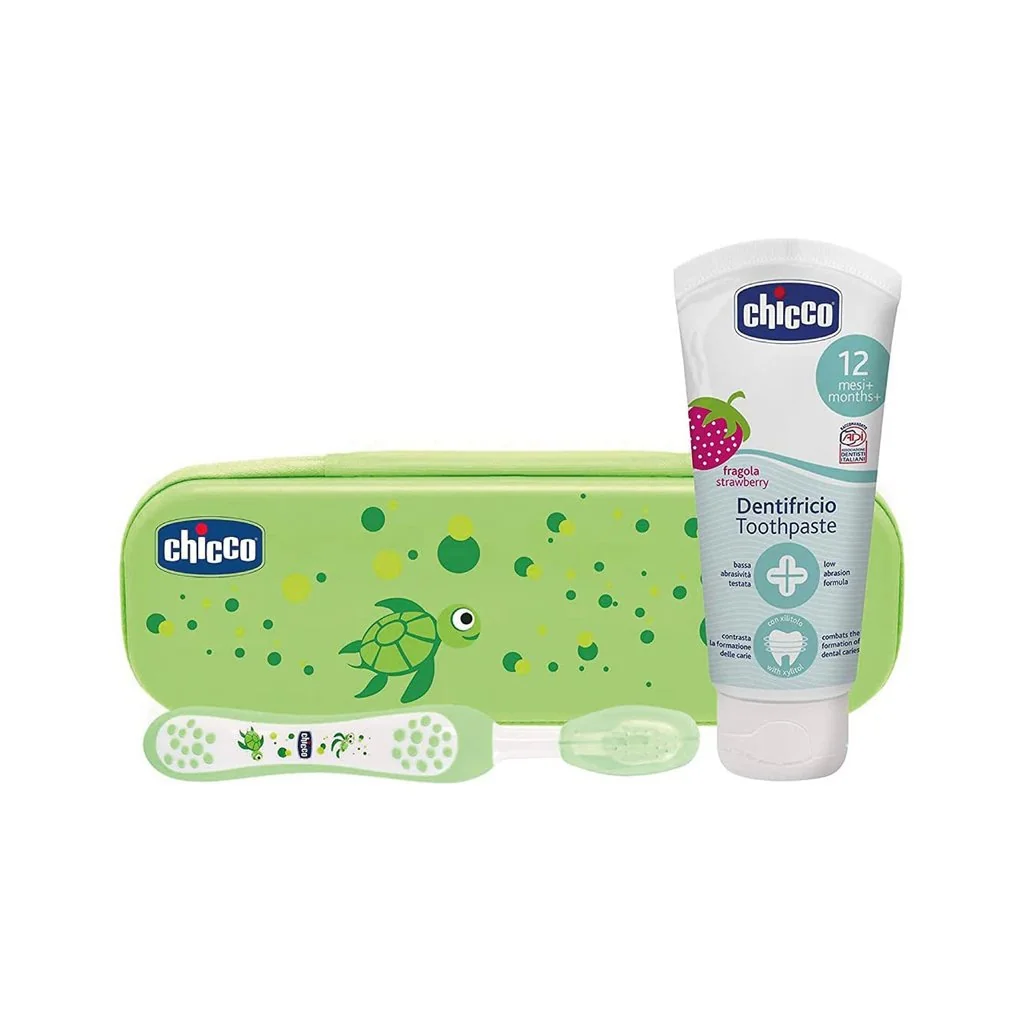 Chicco Set zubní kartáček a pasta s fluorem v pouzdře Always Smiling zelená 12m+ 