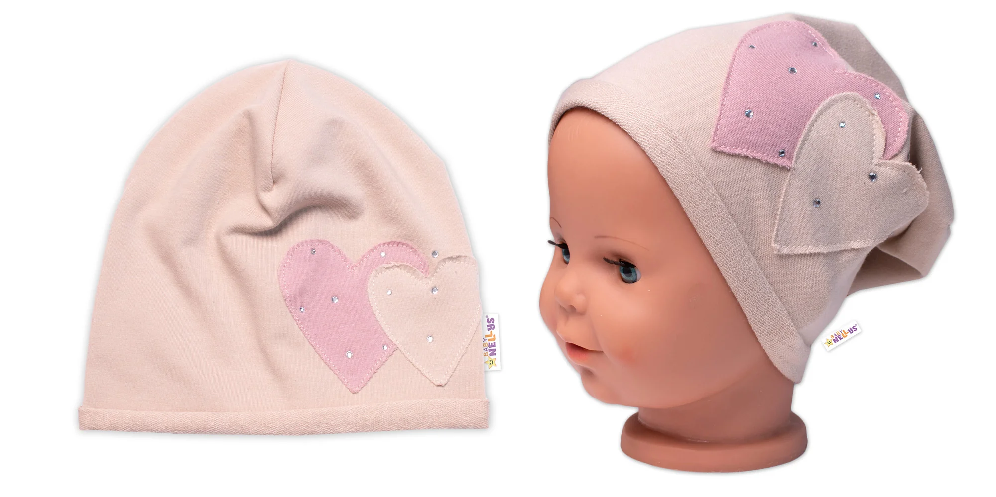 Baby Nellys Dětská čepice bavlna, Srdíčka s kamínky, béžová vel. 92/98