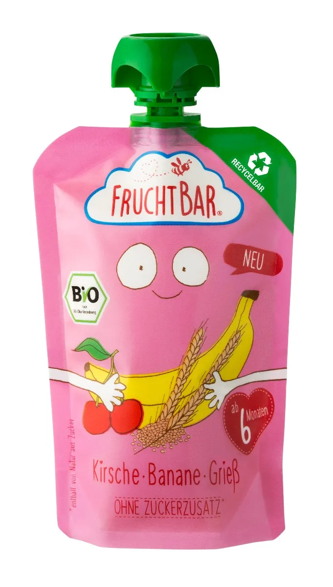 FruchtBar BIO Ovocná kapsička s banánem, višněmi a krupicí 100% recykovatelná 100 g