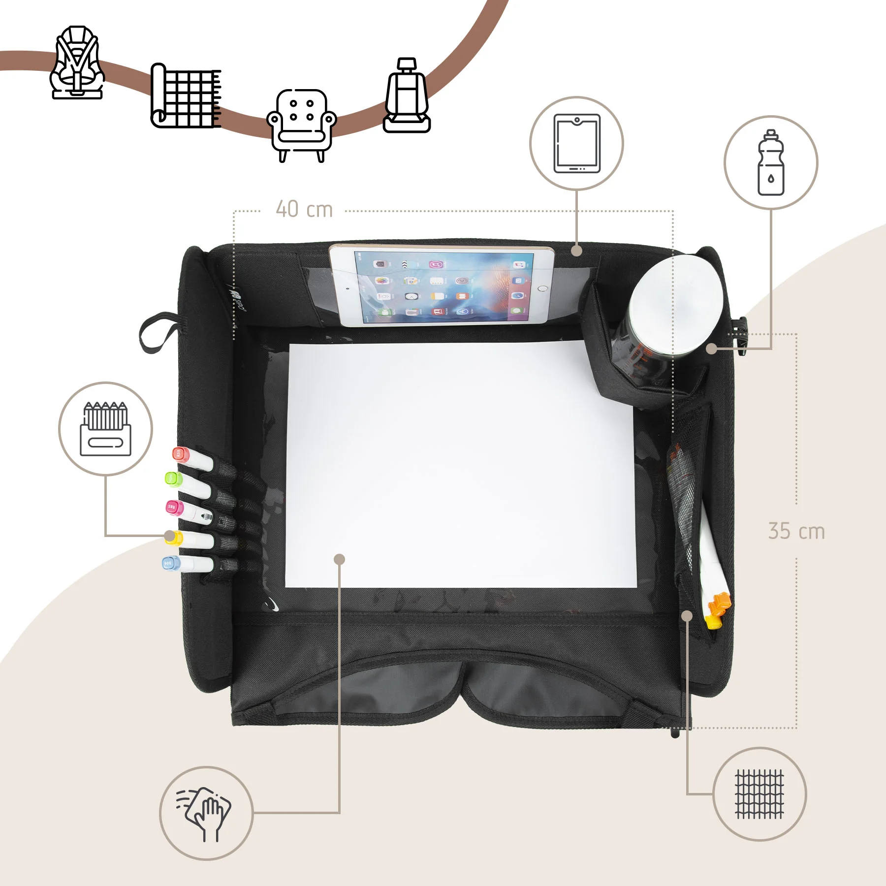 SIPO Skládací stolek do auta s kapsou na tablet, černá 