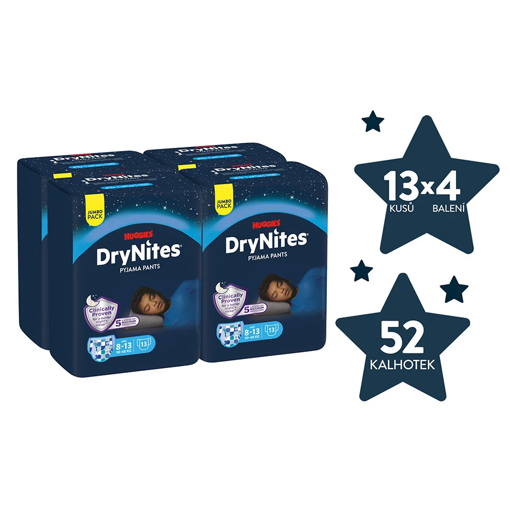 Huggies DryNites Natahovací kalhotky pro chlapce 8–13 let 30–48 kg JUMBO 4x13 ks