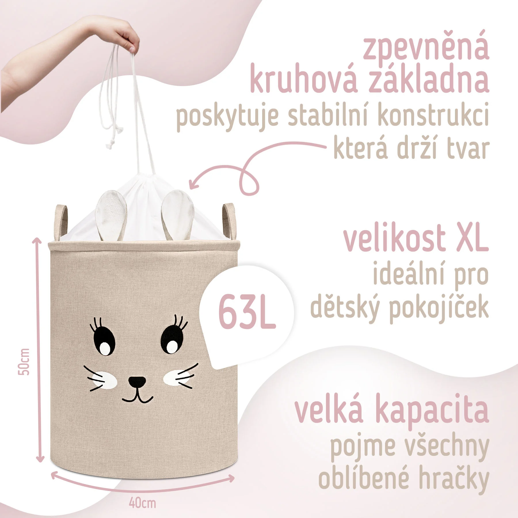 SIPO Koš na hračky XL se šňůrkou, skládací bavlněný / 63 l, Rabbit