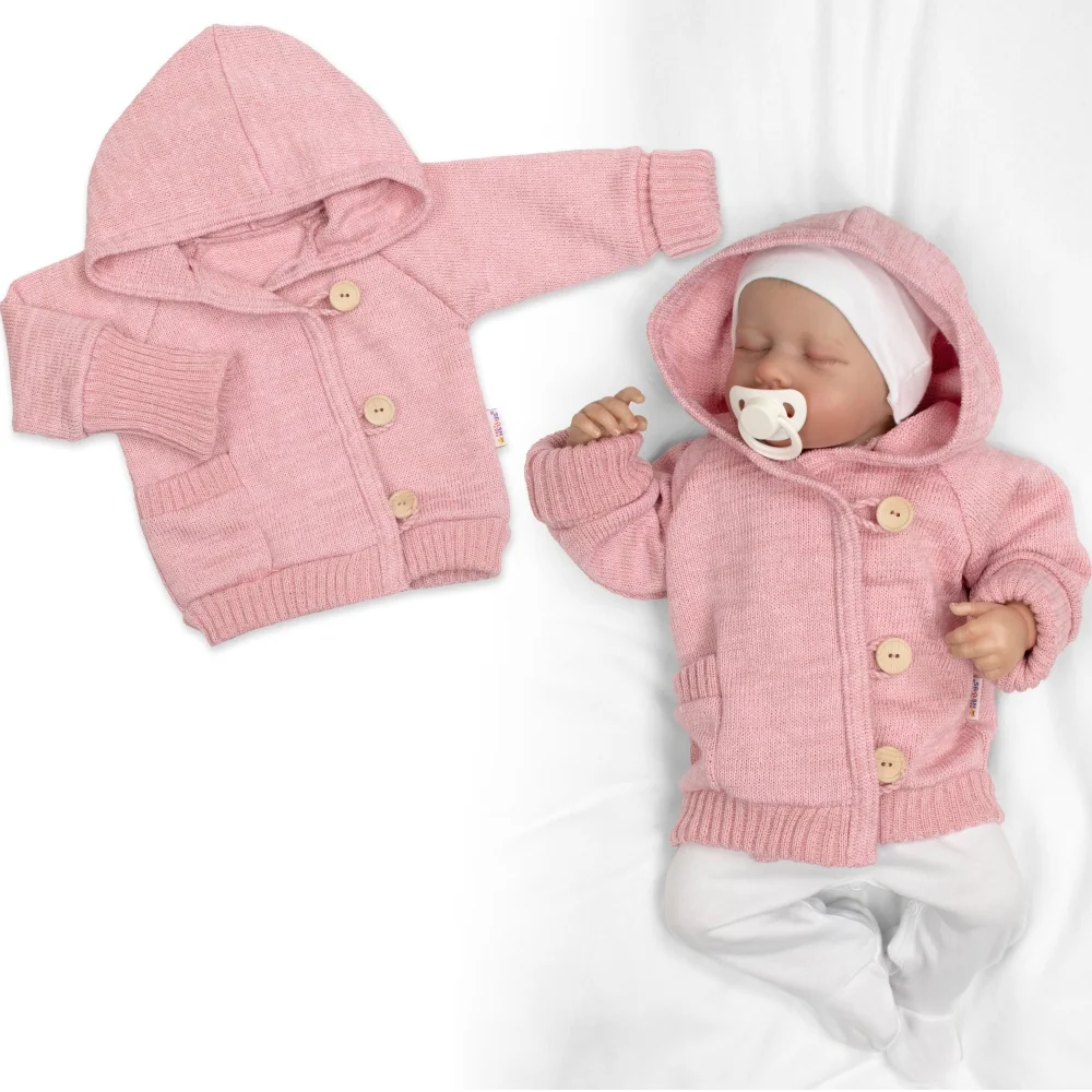 Baby Nellys Rostoucí pletený svetřík s kapucí, zapínání knoflíčky - pudrově růžový, v. 80/86