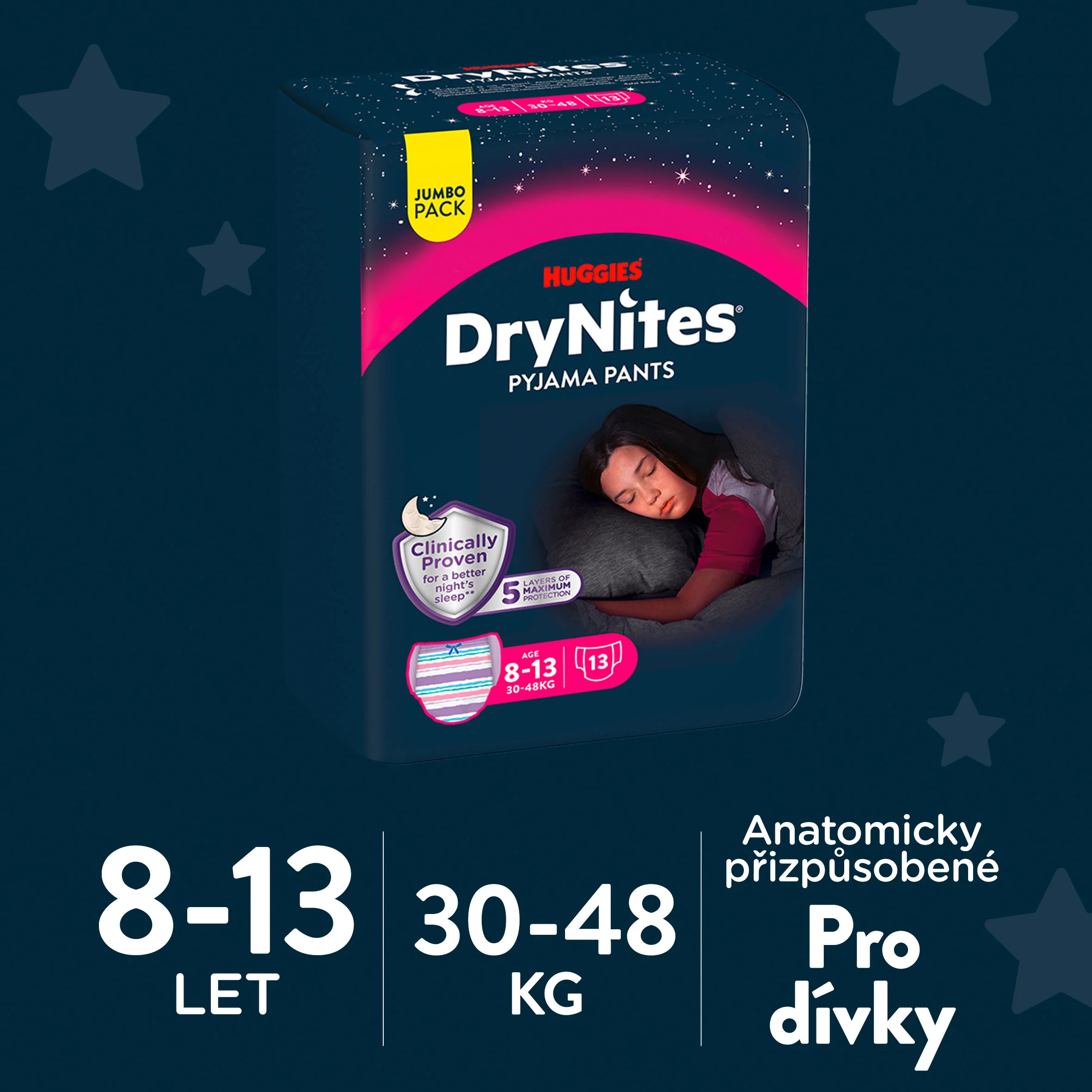 Huggies DryNites Natahovací kalhotky pro dívky 8–13 let 30–48 kg JUMBO 4x13 ks