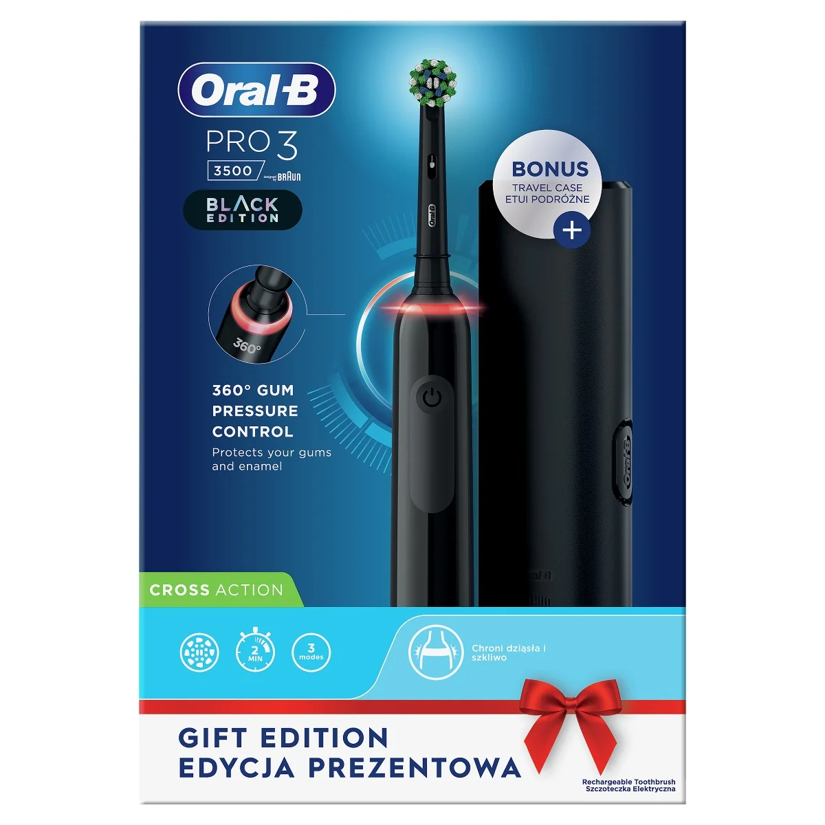 Oral-B PRO 3 3500 Cross Action elektrický zubní kartáček + cestovní pouzdro Black