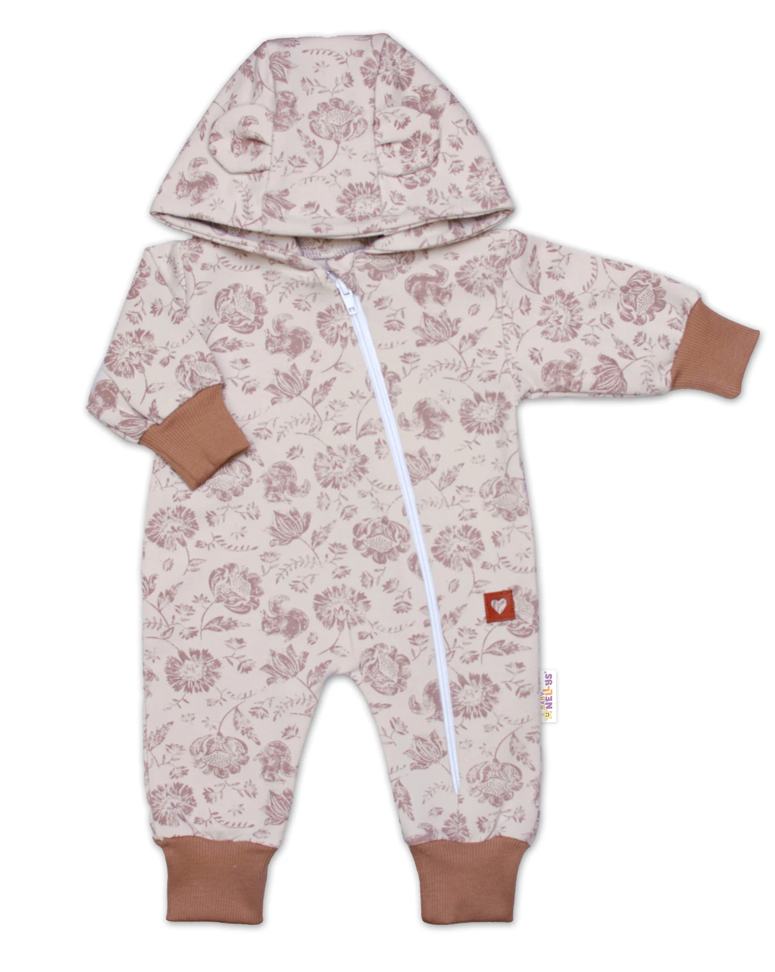 Baby Nellys Rostoucí overálek, čepička a botičky, 3D, bavlna, Garden - béžová/hnědá