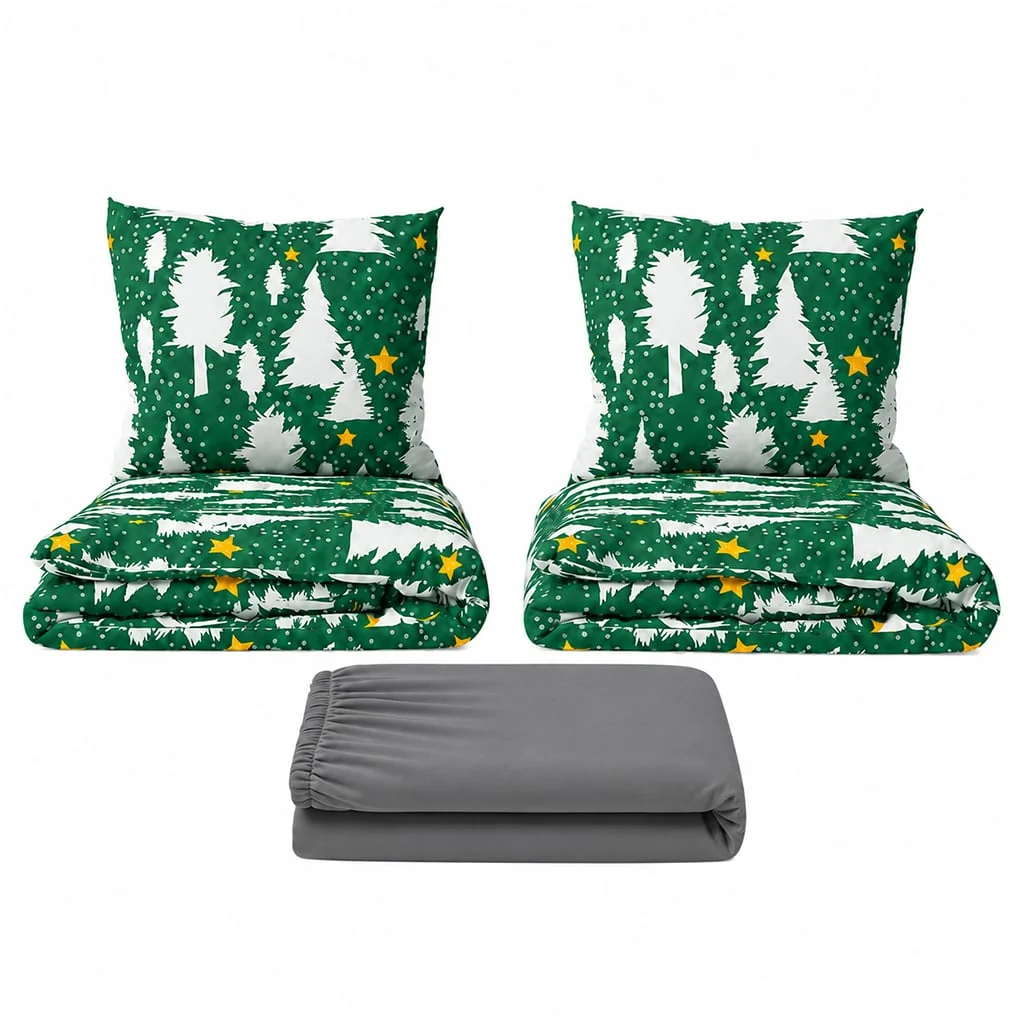 Povlečeme vše Set dvoulůžko Stromky zelené - 2x povlečení, prostěradlo 180x200cm (019) tm.šedá