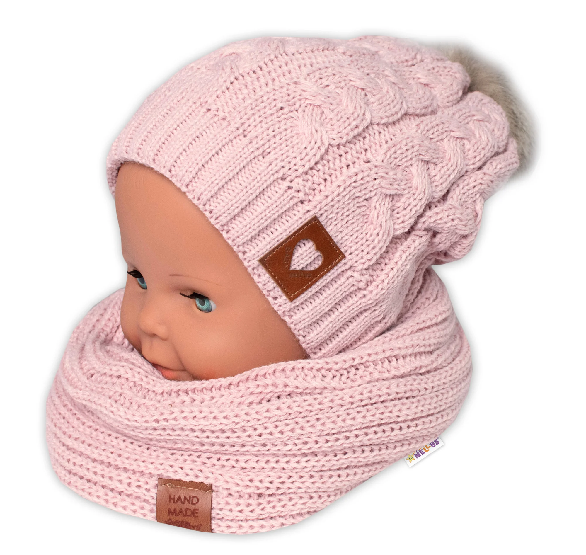 Baby Nellys Zimní dvouvrstvá čepice s bambulí + komínek Love, pudrová