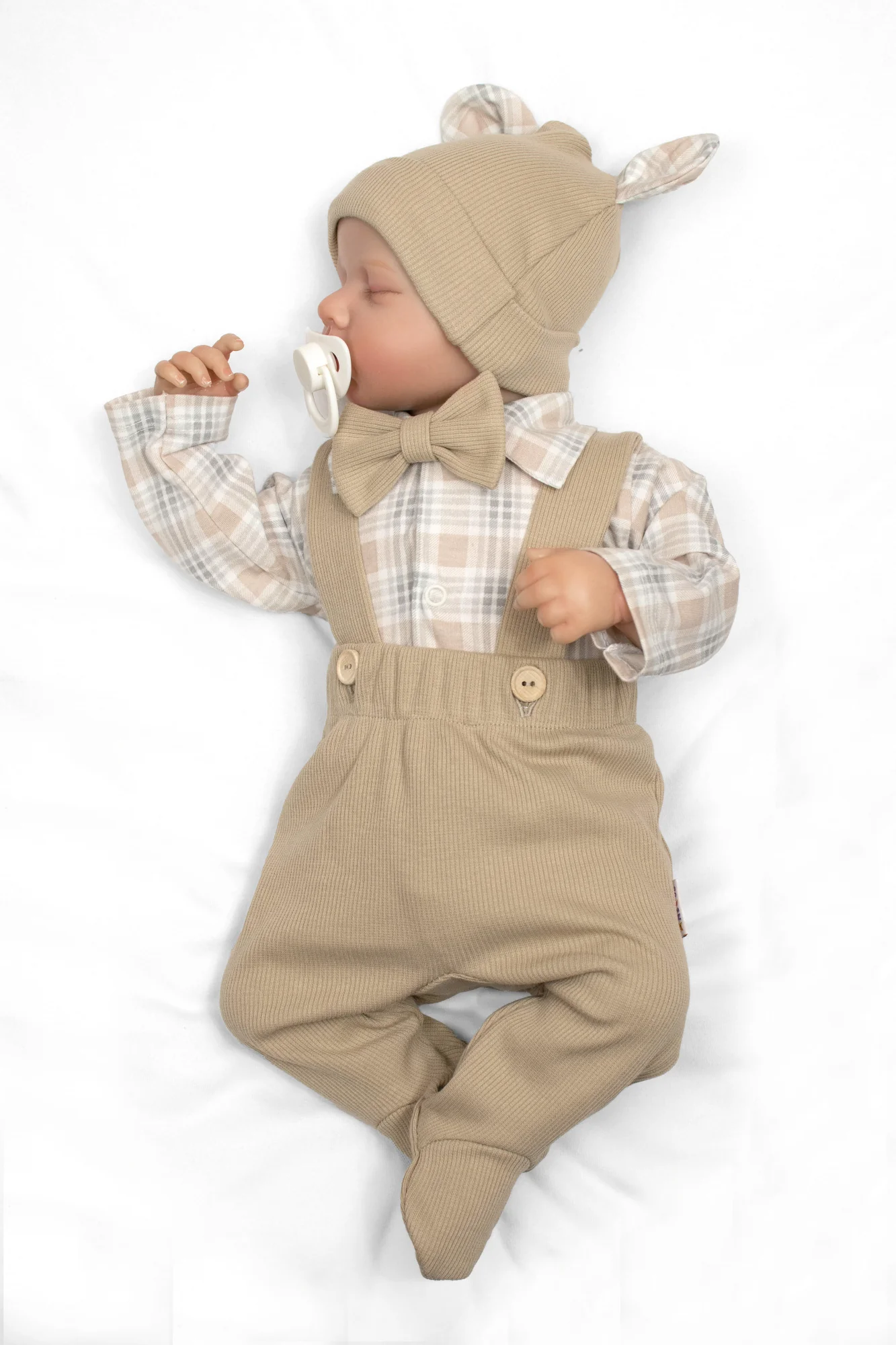 Baby Nellys Bavlněná souprava Gentleman 3D, body, polodupačky, čepička, béžová/kostička
