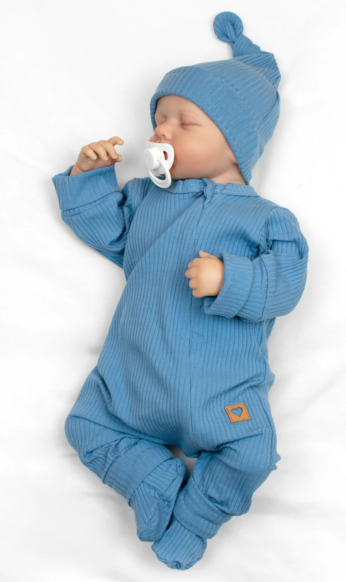 Baby Nellys Rostoucí žebrovaný overálek, čepička a botičky, 3D, Nature -jeans