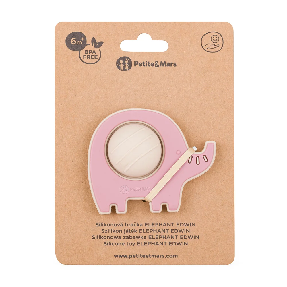 Petite&Mars Elephant Edwin 6m+ silikonová hračka 1 ks dusty rose