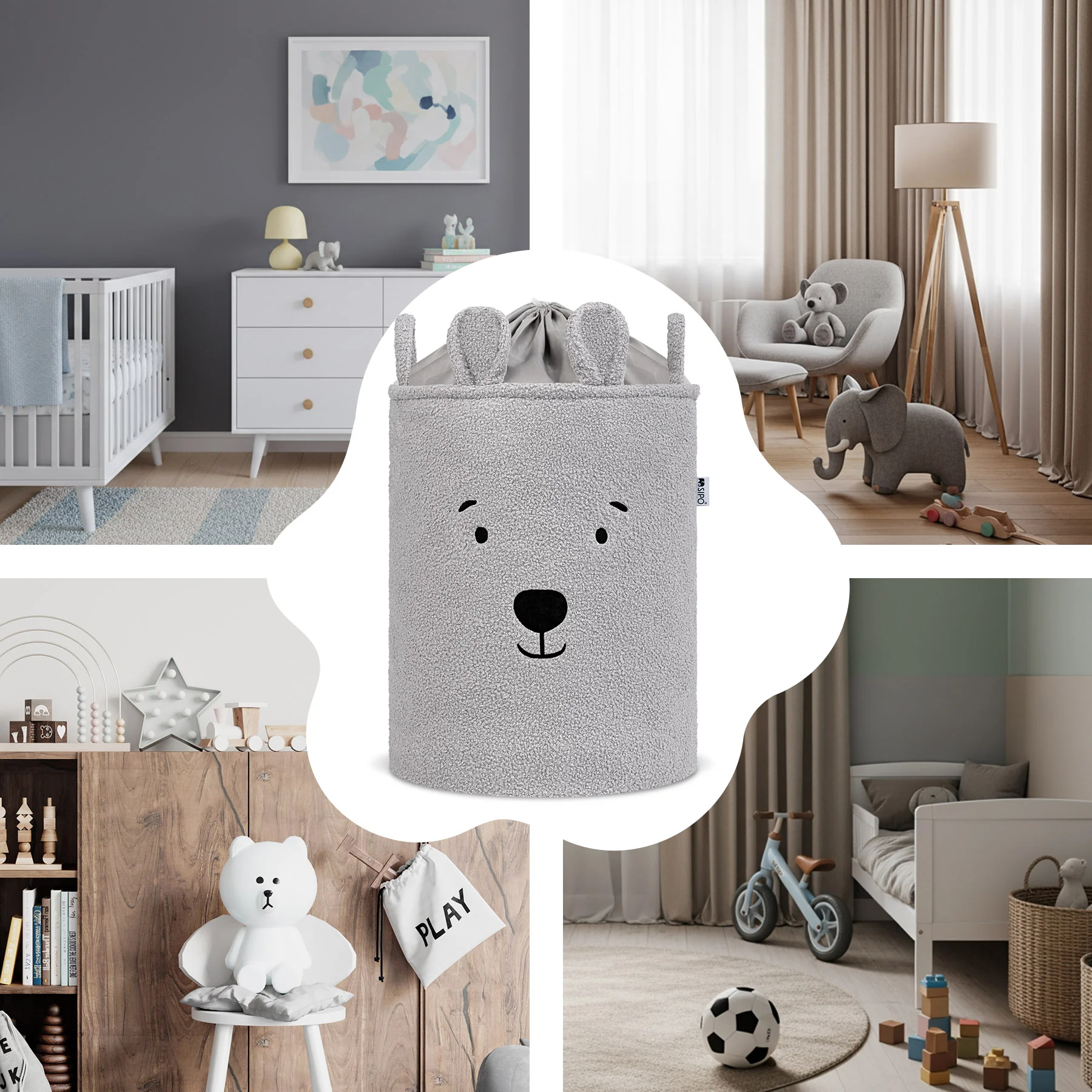SIPO Koš na hračky Premium Bouclé se šňůrkou / 43 l, Bear (Grey)