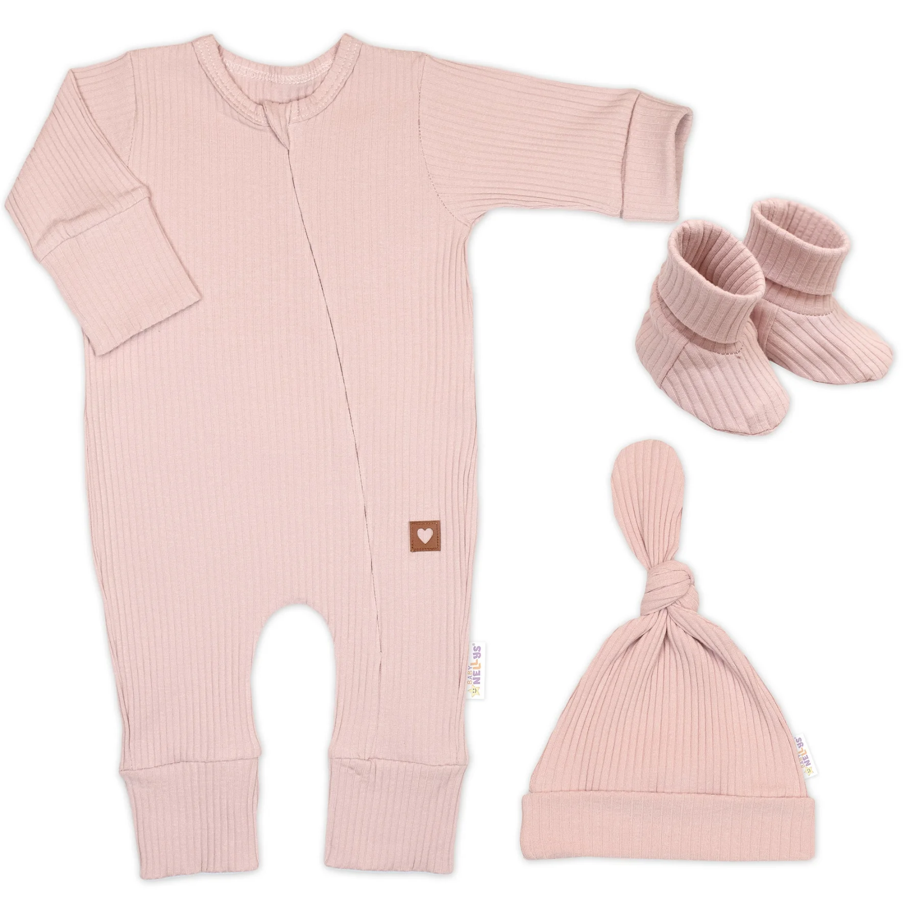 Baby Nellys Rostoucí žebrovaný overálek, čepička a botičky, 3D, Nature