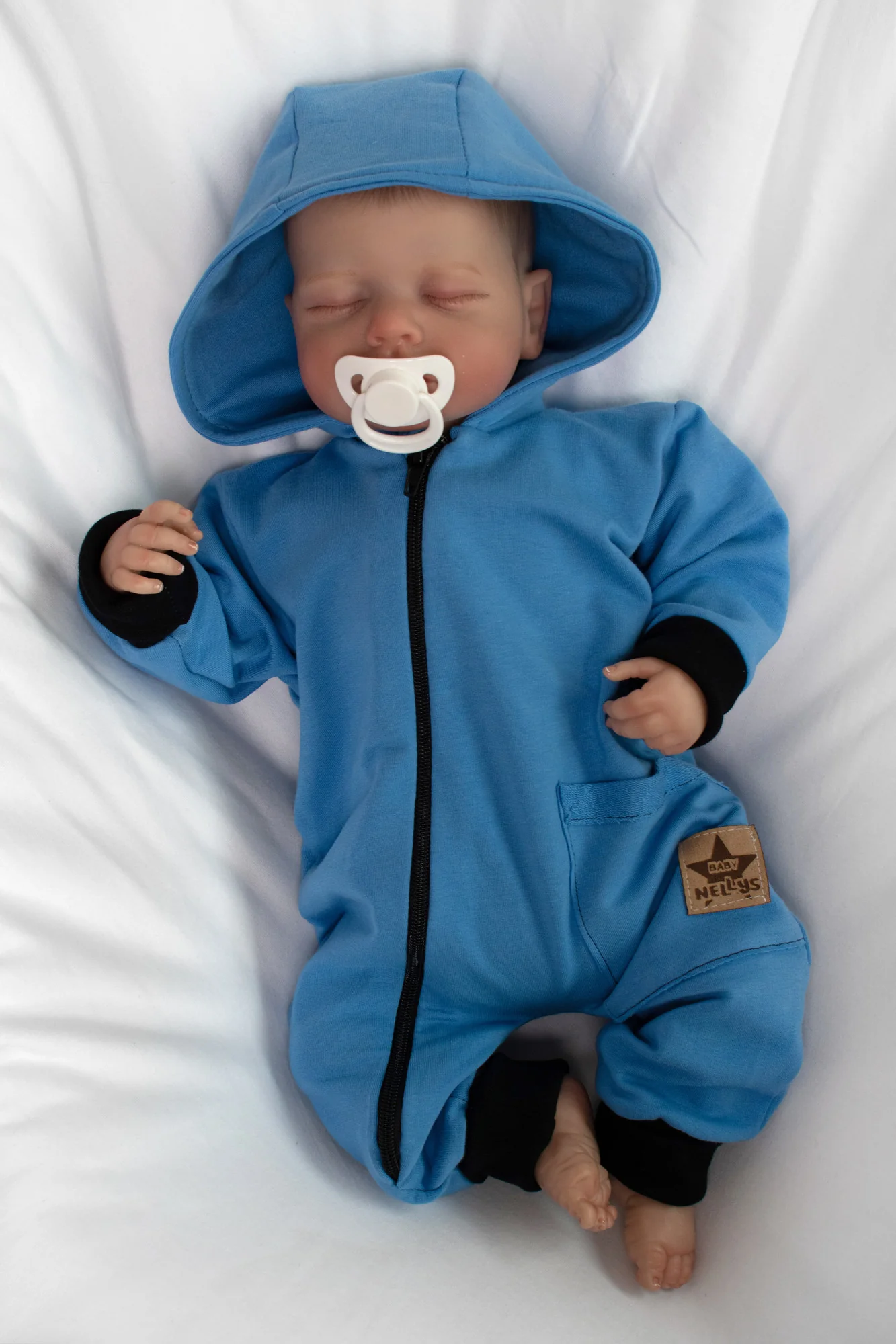 Baby Nellys Teplákový overal s kapsičkou a kapucí BOY, modrý, 56