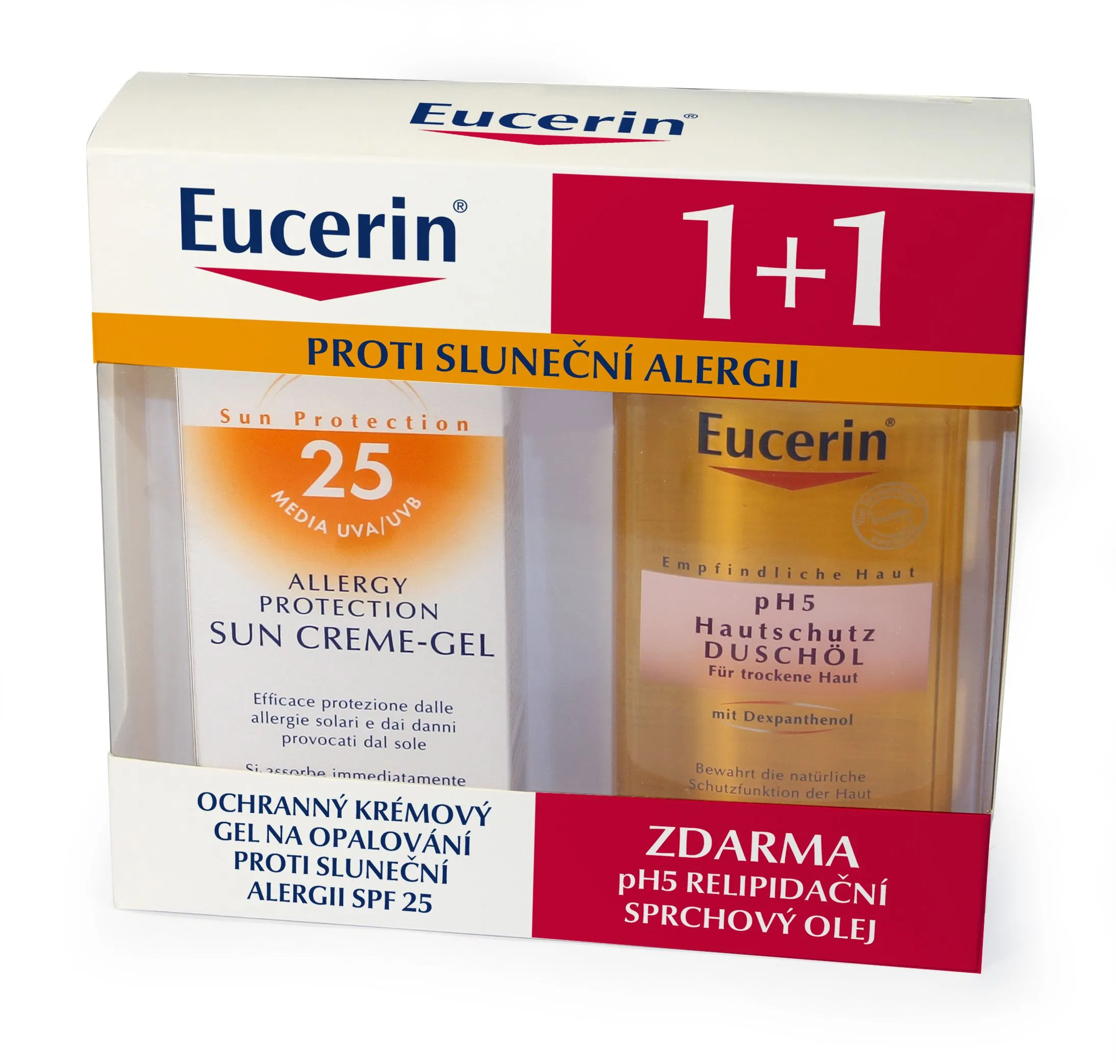 EUCERIN SUN 1+1 Krémový gel na opalování proti sluneč. alergii SPF25 150ml + Relipidační sprch.olej pH5 200ml