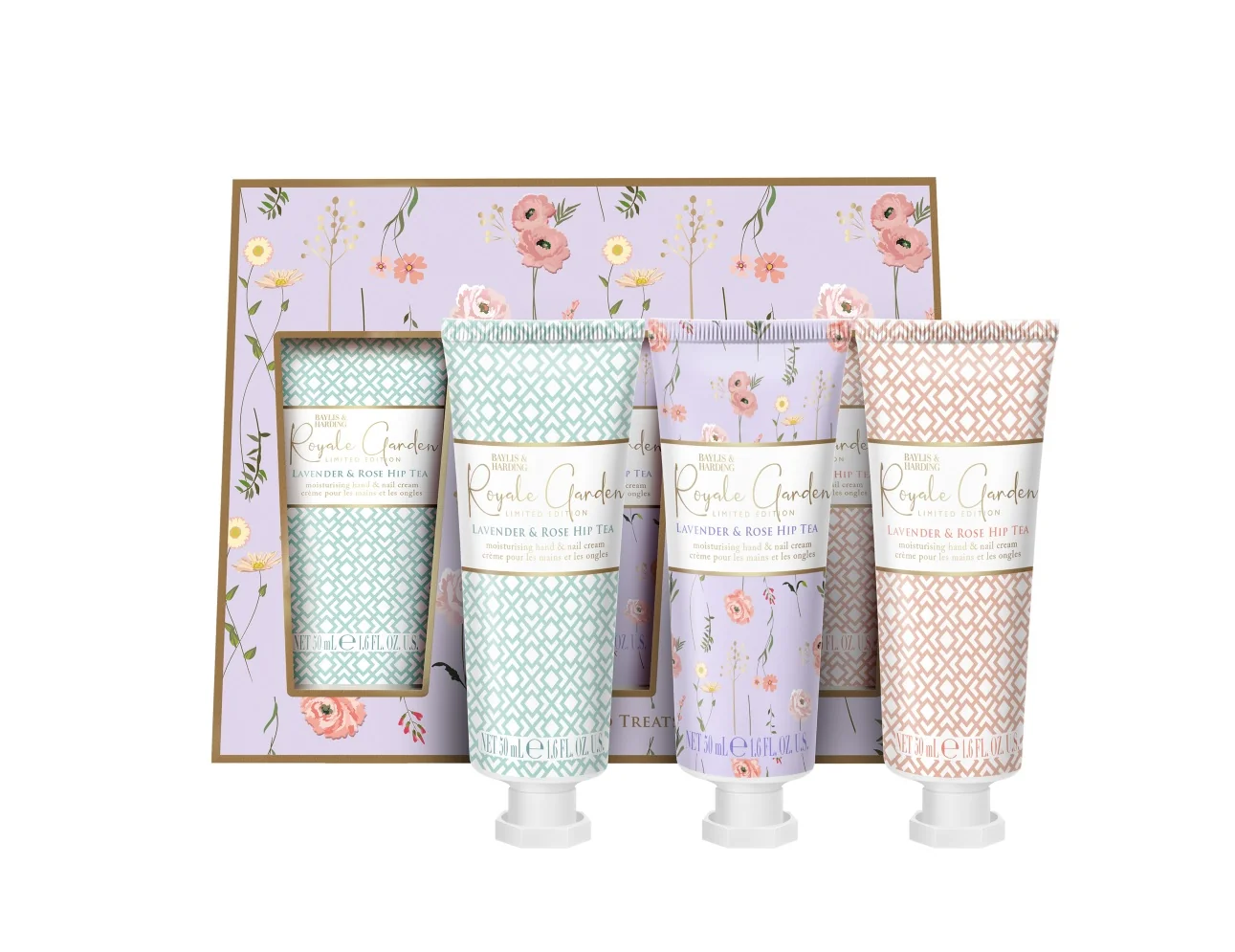 Baylis & Harding Royale Garden Sada krémů na ruce Levandule & Šípkový čaj 3x50 ml