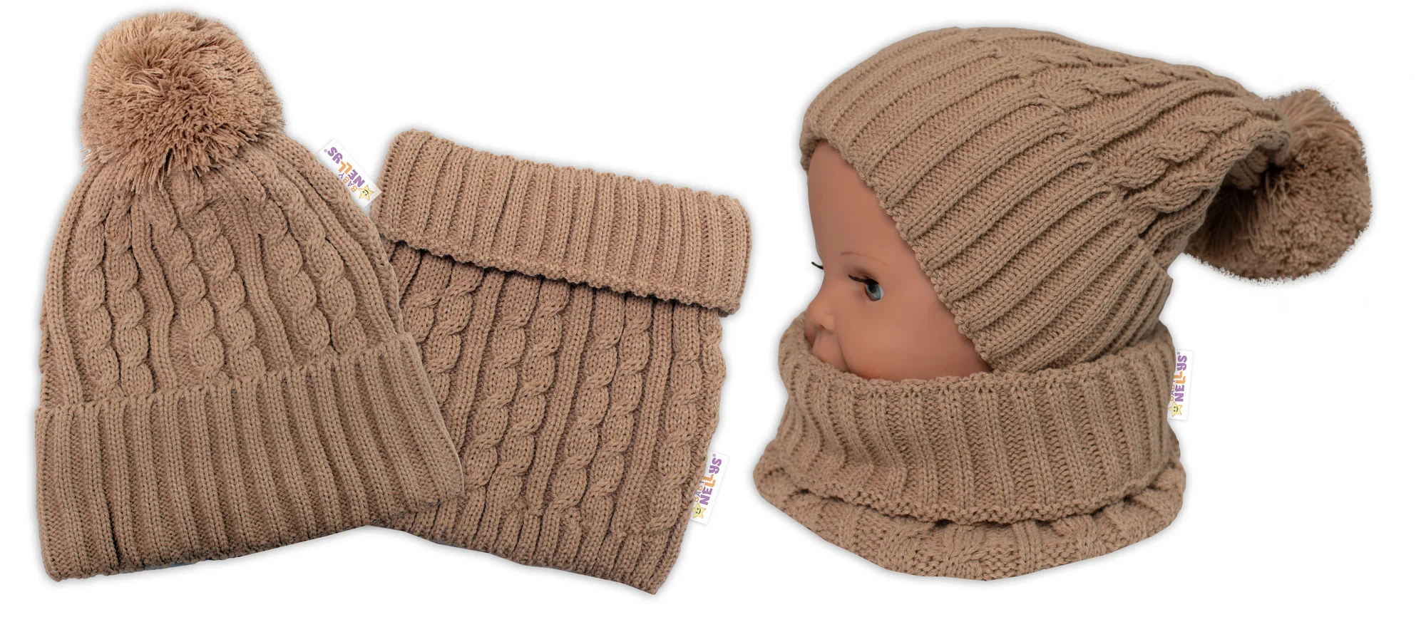 Baby Nellys 2D sada - Zimní čepice s bambulí, komín - béžová, vel. 48-52cm