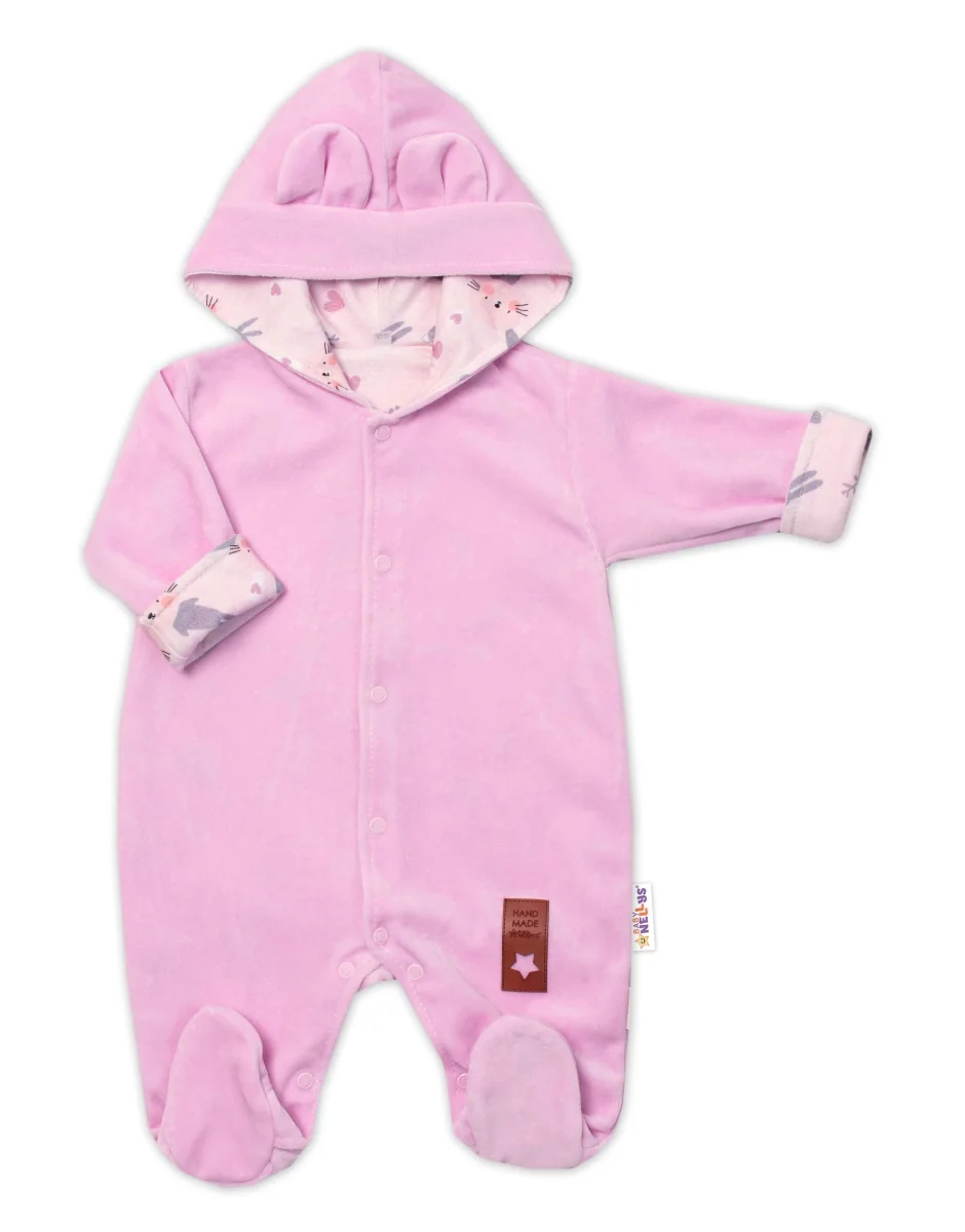 Baby Nellys Semiškový, velurový overal s kapucí Baby Nellys Bunny II., růžový, vel. 80