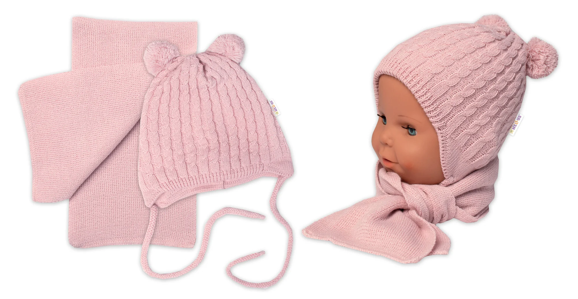 Baby Nellys Zimní čepice na zavazování s bambulky + šál, pudrově růžová