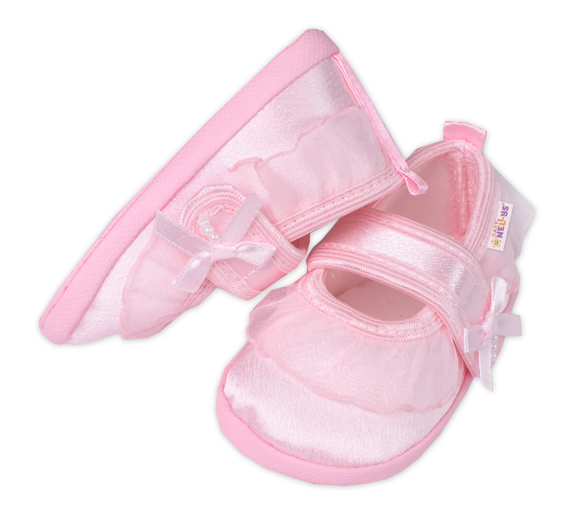 Baby Nellys Kojenecké capáčky/botičky saténové s volánkem, růžové vel. 62/68, 11,5 cm