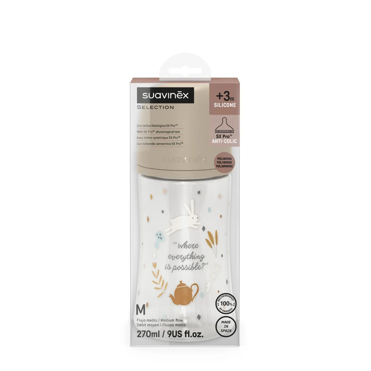 Suavinex Wonderland Kojenecká láhev průtok M 3m+ 270 ml 1 ks krémová
