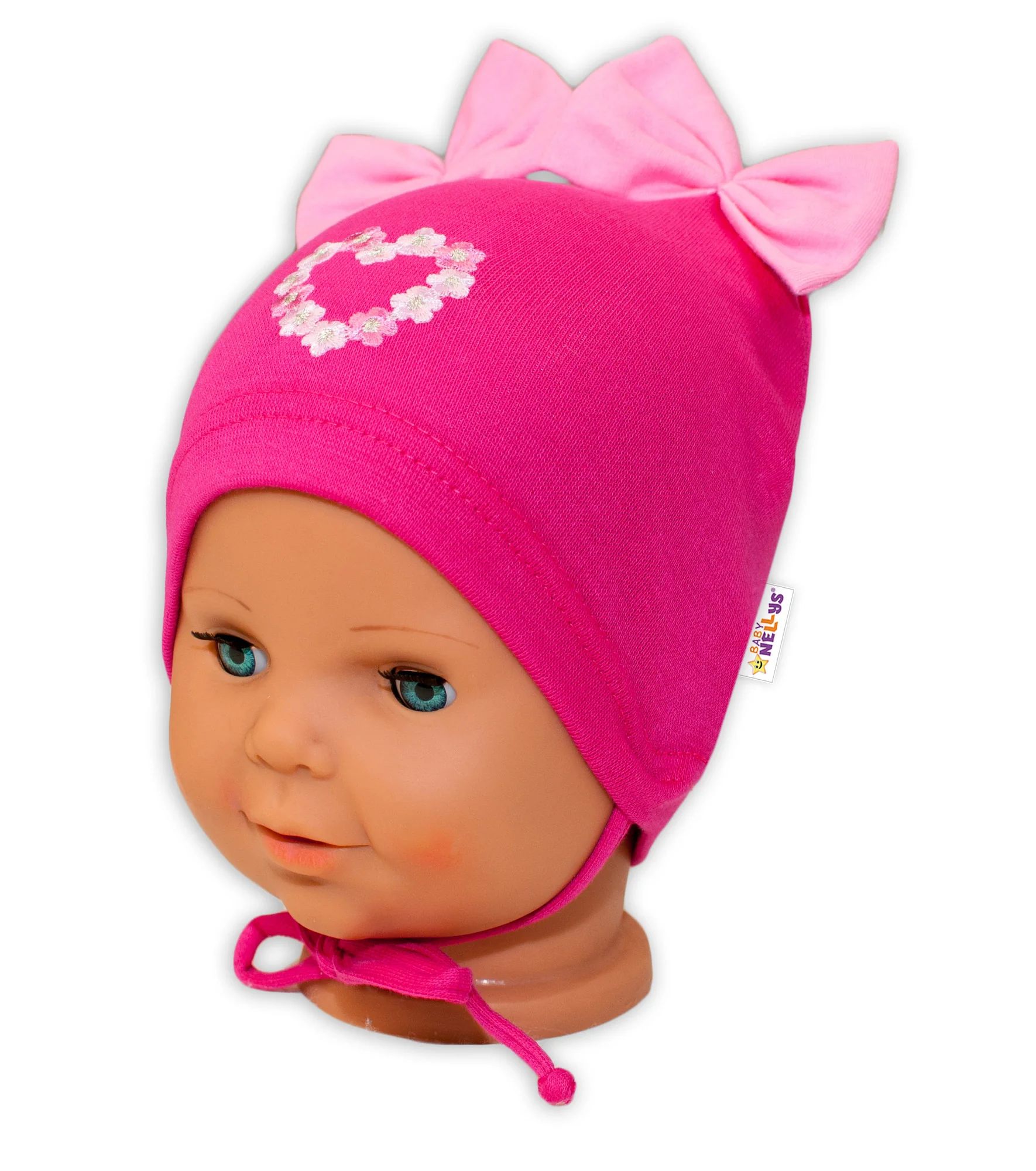 Baby Nellys Bavlněná čepička na zavazování s mašličkami - tm. růžová