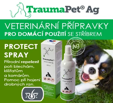 TraumaPet Ag. Veterinární přípravky pro domácí použití se stříbrem. Protect Spray, přírodní repelent proti blechám, klíšťatům a komárům. Pomoc při hojení drobných ran po kousnutí.