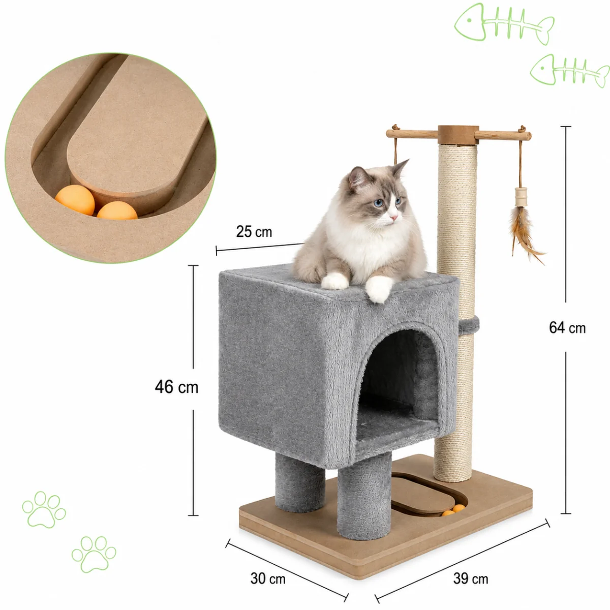 NELLYS Škrabadlo pro kočky Cat Tree 64 cm s úkrytem – MDF, sisal, plyš, světle šedá