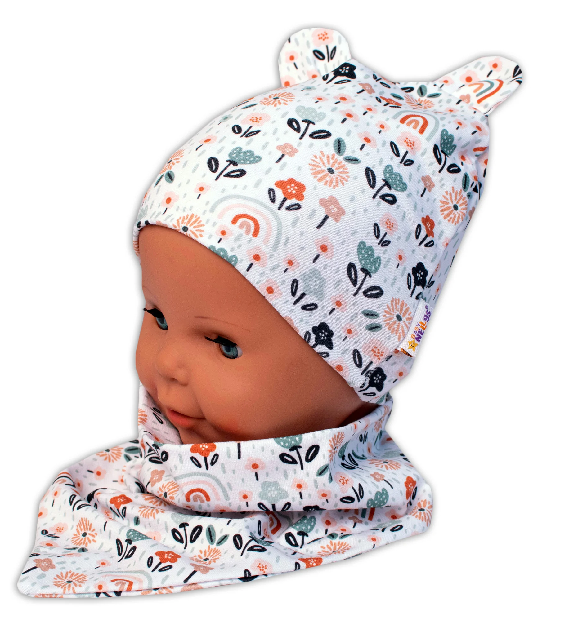 Baby Nellys Dvouvrstvá čepice s oušky + šátek Palouček,smetanová,vel. 80/92