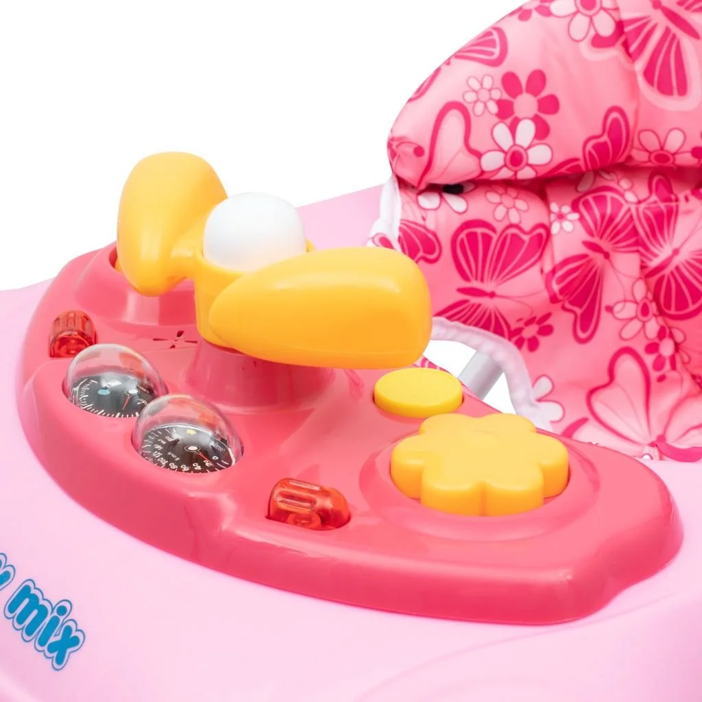 Baby Mix Dětské chodítko s volantem a silikonovými kolečky růžové