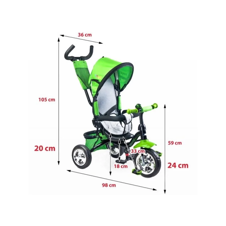 Toyz Dětská tříkolka Timmy 3v1 s vodicí tyčí, rostoucí - zelená