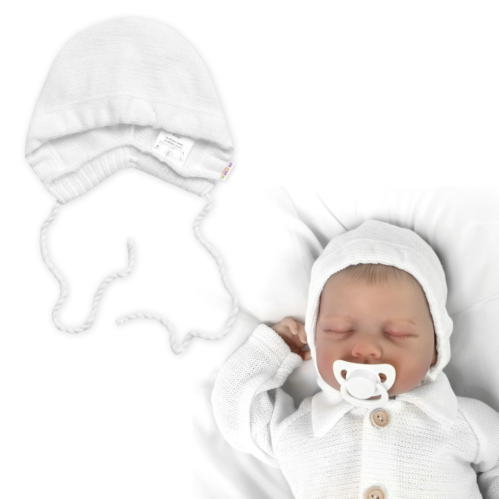 Baby Nellys Pletená čepička bonetka Boy, bílá, 68/74