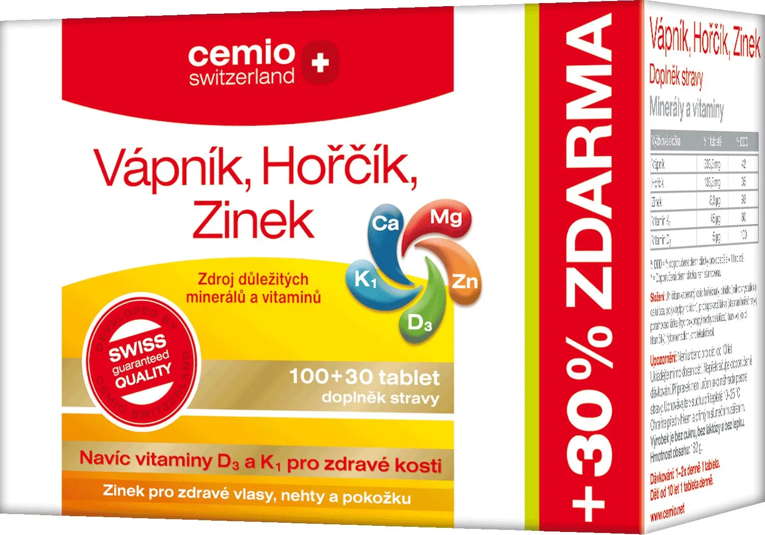 Cemio Vápník Hořčík Zinek + D3 a K1 100+30 tablet