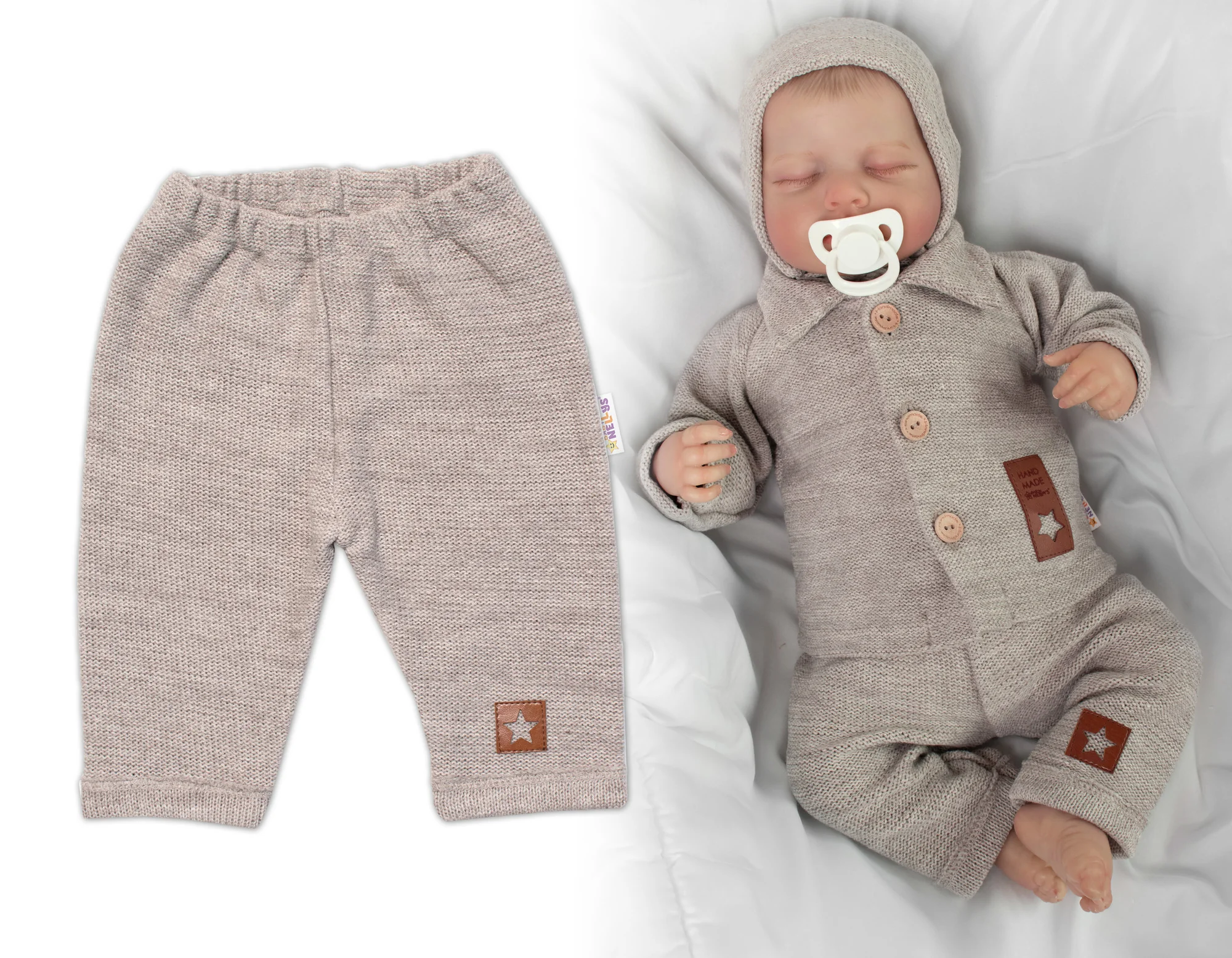 Baby Nellys Pletené kalhoty Hand Made Boy, béžové,68