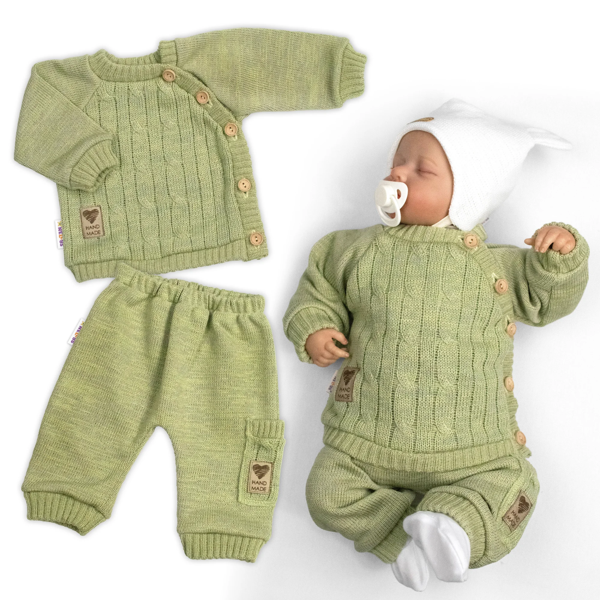 Baby Nellys Rostoucí pletený svetřík a kalhoty s kapsou Hand Made 2D, Nature, olivová